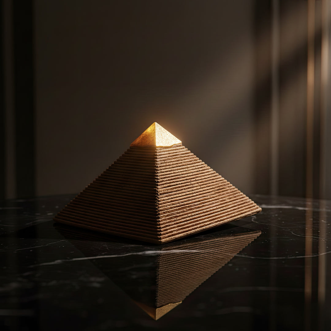 Koyu fonda vurgulanan Giza Piramidi Heykeli – gölge oyunlarıyla antik taş dokusu öne çıkarılmış müze stili kompozisyon. / Artistic black background of the Giza Pyramid sculpture – dramatic lighting highlighting stone texture, museum-inspired fine art decor by ArkeoArt.