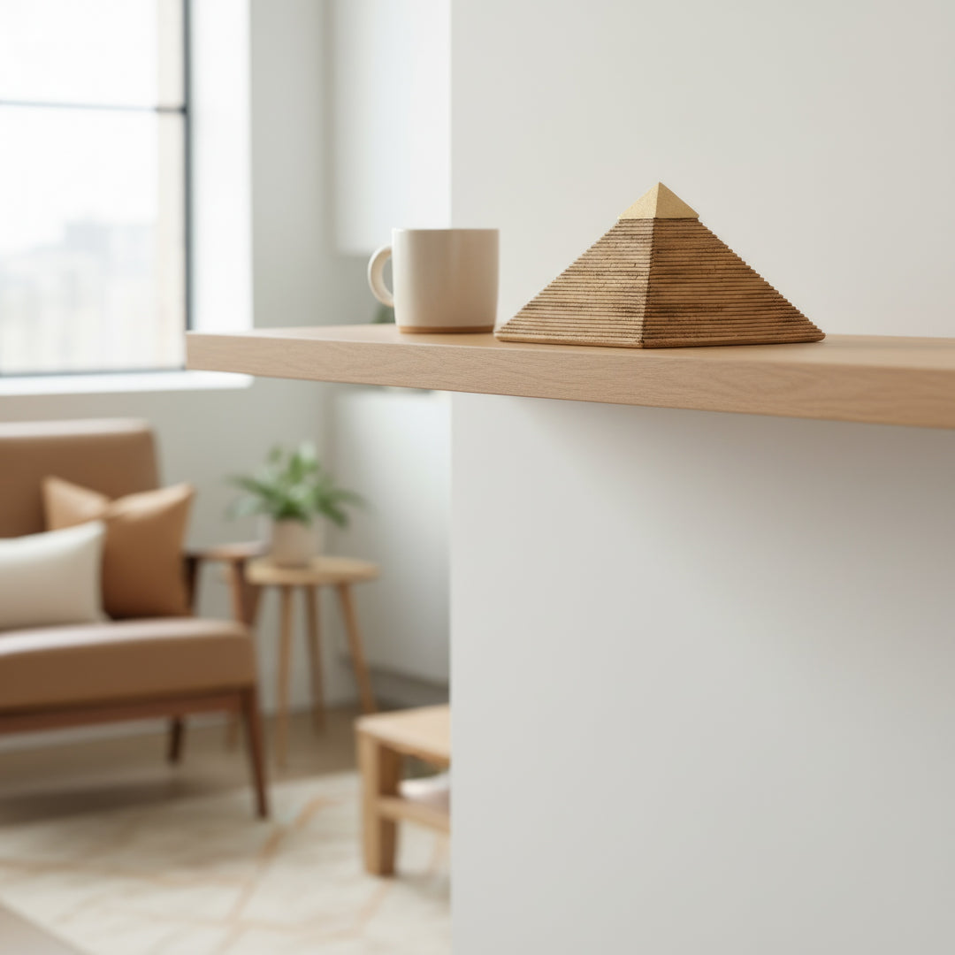 Boho tarzı yaşam alanında raf üzerinde sergilenen Gize Piramidi heykeli – modern iç mekânda antik Mısır estetiğini yaşatır. / Pyramid of Giza displayed on shelf in boho-style home interior – timeless fusion of ancient Egyptian art and modern decor, ArkeoArt handcrafted sculpture.