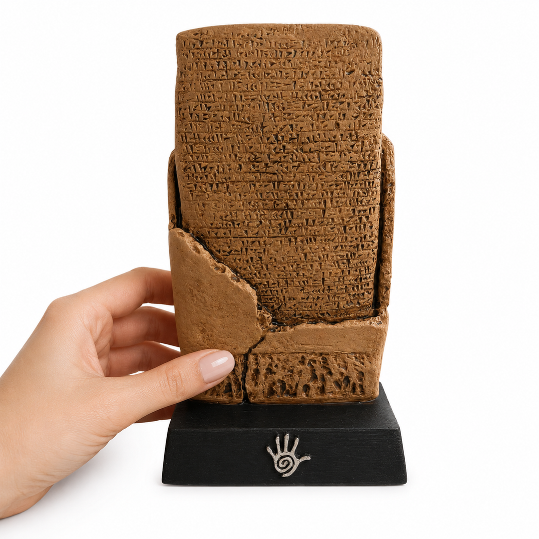 Bir elde tutulan Sümer Aşk Tableti Replikası. 16 cm yüksekliğindeki kaideli çivi yazılı tablet, Mezopotamya kültürünü ve dünyanın bilinen en eski aşk şiirlerinden birini temsil eden koleksiyonluk dekoratif obje.