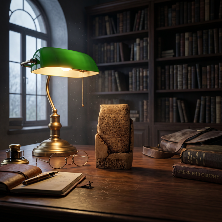 ArkeoArt Sümer Aşk Şiiri Tableti, antika kitaplar, tarihi haritalar, pirinç objeler ve koyu ahşap mobilyalarla hazırlanmış dark academia tarzı bir çalışma odasında sergileniyor. Çivi yazılı Mezopotamya tableti olarak hazırlanan bu müze replikası, dünyanın ilk aşk şiirini temsil eder. Sümer uygarlığı, antik yazı sistemleri, arkeoloji ve tarih koleksiyonları için etkileyici bir sanat eseridir.4