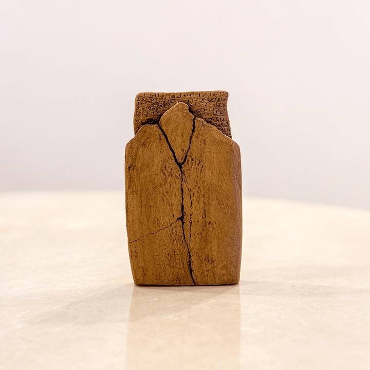 Sumerian Love Poem tabletinin arka yüz görünümü. Antik Mezopotamya kil tablet formuna sadık doku, el boyaması arkeolojik görünüm. Ahşap kaide ile sergilenebilir, koleksiyon ve dekor amaçlı müze kalitesi eser.