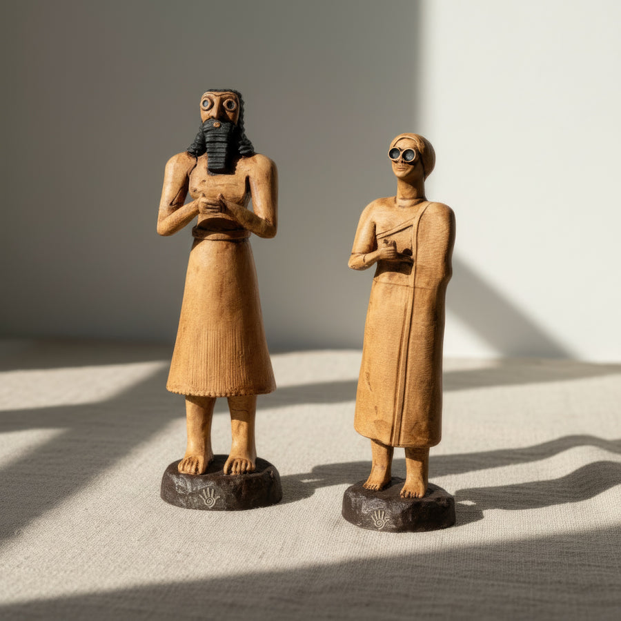 “Two handmade Sumerian votive statues — the Priest-King and High Priestess — photographed in soft evening light with gentle shadows. A handcrafted Mesopotamian art replica duo symbolizing devotion, wisdom, and sacred leadership from ancient Tell Asmar.”
TR:
“El yapımı iki Sümer votif heykeli — Rahip-Kral ve Yüksek Rahibe — akşam ışığında yumuşak gölgelerle fotoğraflanmış. Antik Tell Asmar’dan ilham alan adanmışlık, bilgelik ve kutsal liderliği simgeleyen el yapımı Mezopotamya sanat replikası ikilisi.”