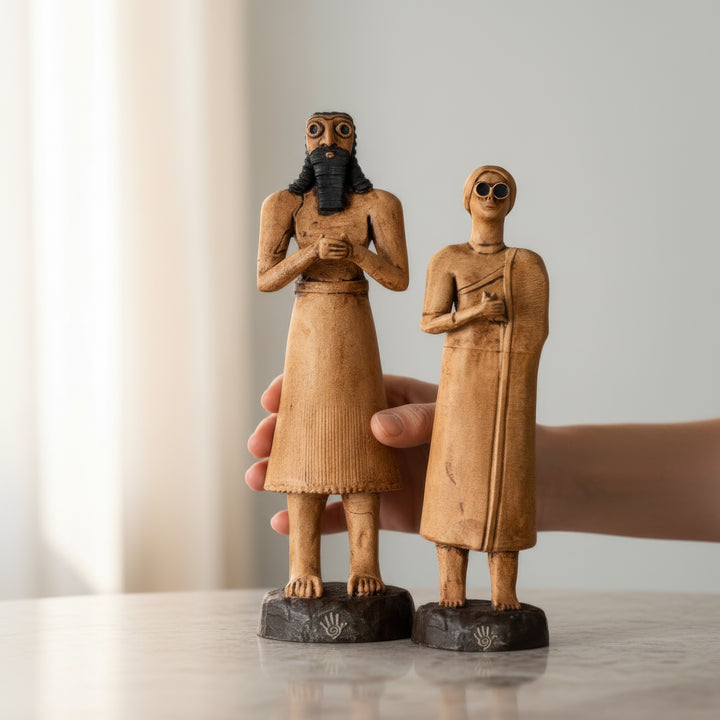 “Close-up of the Sumerian Priest-King figurine held in hand beside the High Priestess statue on marble surface — highlighting scale, artisan texture, and museum-quality craftsmanship by ArkeoArt.”
TR:
“Mermer zemin üzerinde, Rahip-Kral figürünün elde tutulduğu ve yanında Yüksek Rahibe heykelinin yer aldığı yakın plan — boyutu, el işçiliği dokusunu ve ArkeoArt’ın müze kalitesindeki ustalığını vurgular.”