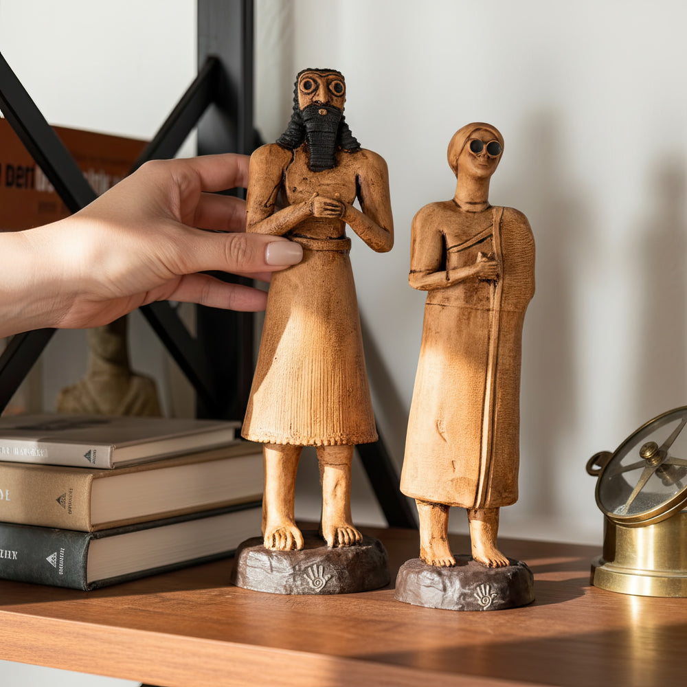 “Tell Asmar Priest-King and High Priestess figurines displayed on a wooden shelf, with a human hand gently holding the Priest-King to show scale and craftsmanship. Handmade Mesopotamian replicas symbolizing unity and divine authority.”
TR:
“Bir elin Rahip-Kral figürünü nazikçe tuttuğu, ahşap rafta sergilenen Tell Asmar Rahip-Kral ve Yüksek Rahibe figürleri — el işçiliğini ve boyutu gösteren, birlik ve ilahi otoriteyi simgeleyen el yapımı Mezopotamya replikaları.”