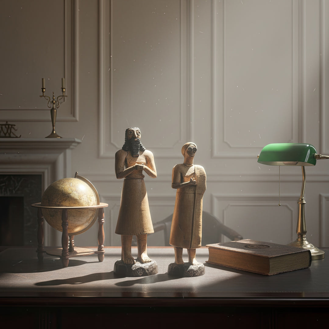 “Priest-King and High Priestess Sumerian figurines displayed in a Victorian-inspired living room with soft, misty lighting — a handcrafted Mesopotamian art duo blending archaeology, elegance, and mysticism.”
TR:
“Viktoryen tarzda dekore edilmiş bir yaşam alanında, loş sisli ışık altında sergilenen Rahip-Kral ve Yüksek Rahibe Sümer figürleri — arkeolojiyi, zarafeti ve mistisizmi birleştiren el yapımı Mezopotamya sanat ikilisi.”
