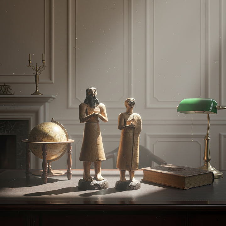 “Priest-King and High Priestess Sumerian figurines displayed in a Victorian-inspired living room with soft, misty lighting — a handcrafted Mesopotamian art duo blending archaeology, elegance, and mysticism.”
TR:
“Viktoryen tarzda dekore edilmiş bir yaşam alanında, loş sisli ışık altında sergilenen Rahip-Kral ve Yüksek Rahibe Sümer figürleri — arkeolojiyi, zarafeti ve mistisizmi birleştiren el yapımı Mezopotamya sanat ikilisi.”