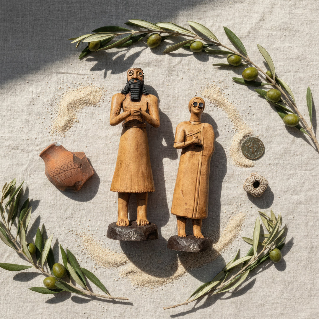 “Overhead composition of the Tell Asmar Priest-King and High Priestess surrounded by olive branches on linen fabric — symbolizing peace, faith, and harmony within ancient Mesopotamian spirituality.”
TR:
“Keten kumaş üzerinde, zeytin dallarıyla çevrelenmiş Tell Asmar Rahip-Kral ve Yüksek Rahibe figürlerinin tepeden görünümü — antik Mezopotamya ruhaniyetinde barışı, inancı ve uyumu simgeler.”