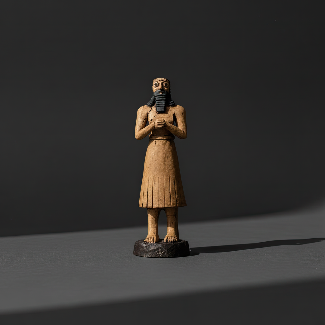 “Sumerian votive king figurine photographed against a black backdrop from a distance — emphasizing silhouette, divine posture, and museum-grade craftsmanship.”
TR:
“Siyah fon önünde uzaktan çekilen Sümer tapınan kral figürü — siluetini, kutsal duruşunu ve müze kalitesindeki işçiliğini vurgular.”