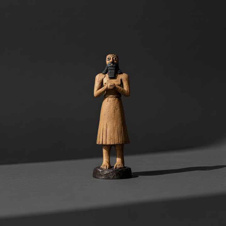 “Sumerian votive king figurine photographed against a black backdrop from a distance — emphasizing silhouette, divine posture, and museum-grade craftsmanship.”
TR:
“Siyah fon önünde uzaktan çekilen Sümer tapınan kral figürü — siluetini, kutsal duruşunu ve müze kalitesindeki işçiliğini vurgular.”