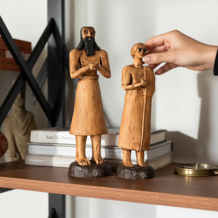 “Votive king figurine beside the tall Sumerian priestess, with a hand in frame for scale — representing the spiritual unity and temple devotion of ancient Mesopotamia.”
TR:
“Yüksek rahibe figürünün yanında, boyut göstermek için elde tutulan tapınan kral figürü — antik Mezopotamya’nın ruhsal birlikteliğini ve tapınak adanmışlığını yansıtır.”