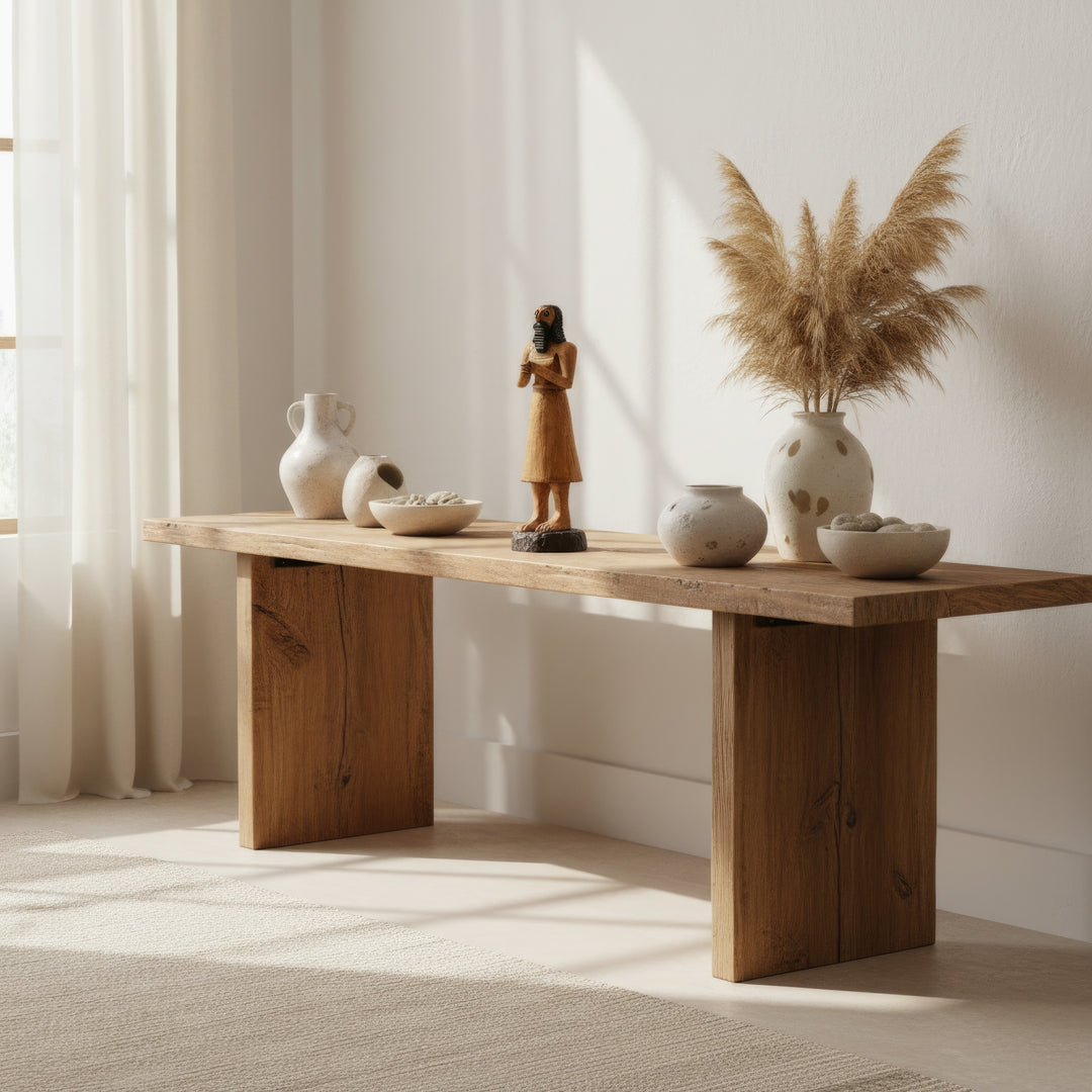 “Sumerian votive king figurine placed on a wooden coffee table in a boho-style living room surrounded by books and candles — handmade Mesopotamian art merging history and spiritual home decor.”
TR:
“Bohem tarzı bir oturma odasında, kitaplar ve mumlarla çevrili ahşap sehpa üzerinde konumlandırılmış Sümer tapınan kral figürü — tarihi ve spiritüel ev dekorunu birleştiren el yapımı Mezopotamya sanat eseri.”