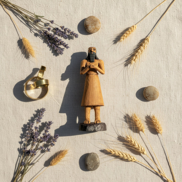 “Sumerian votive king statue photographed from above on a beige fabric surface with dried flowers and woven decor — handmade Mesopotamian replica evoking ancient ritual beauty.”
TR:
“Bej kumaş yüzey üzerinde, kuru çiçekler ve hasır objeler eşliğinde yukarıdan açıyla fotoğraflanmış Sümer tapınan kral heykeli — antik ritüel zarafetini yansıtan el yapımı Mezopotamya replikası.”