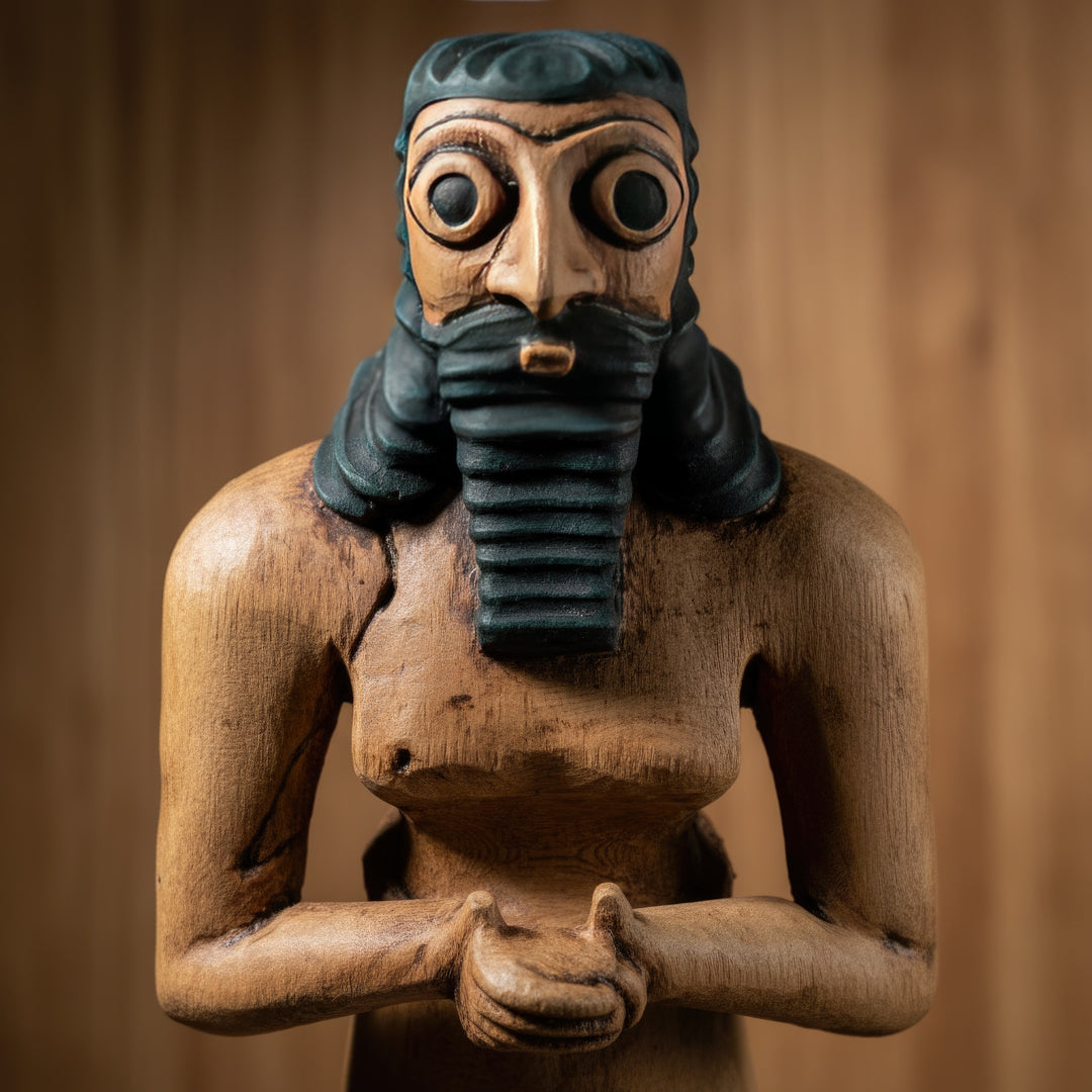 “Macro close-up of the Sumerian votive king figurine’s bearded face and detailed hair — capturing ancient craftsmanship, power, and sacred stillness of Mesopotamian art.”
TR:
“Sümer tapınan kral figürünün sakallı yüzü ve detaylı saçlarının yakın plan makro çekimi — Mezopotamya sanatının antik el işçiliğini, gücünü ve kutsal dinginliğini yansıtır.”
