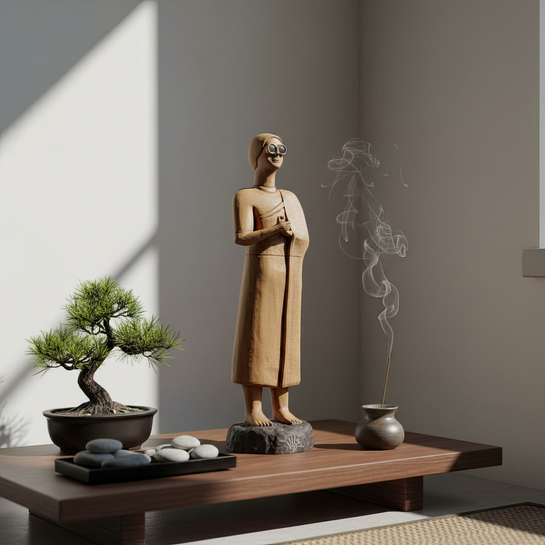 “High priestess statue placed on a bohemian-style home altar beside incense smoke — handcrafted Tell Asmar figurine merging ancient Sumerian devotion with modern spiritual decor.”
TR:
“Tütsü dumanı eşliğinde bohem tarzı ev sunağı üzerinde konumlandırılmış yüksek rahibe heykeli — antik Sümer adanmışlığını modern spiritüel dekorla buluşturan el yapımı Tell Asmar figürü.”