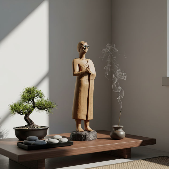“High priestess statue placed on a bohemian-style home altar beside incense smoke — handcrafted Tell Asmar figurine merging ancient Sumerian devotion with modern spiritual decor.”
TR:
“Tütsü dumanı eşliğinde bohem tarzı ev sunağı üzerinde konumlandırılmış yüksek rahibe heykeli — antik Sümer adanmışlığını modern spiritüel dekorla buluşturan el yapımı Tell Asmar figürü.”