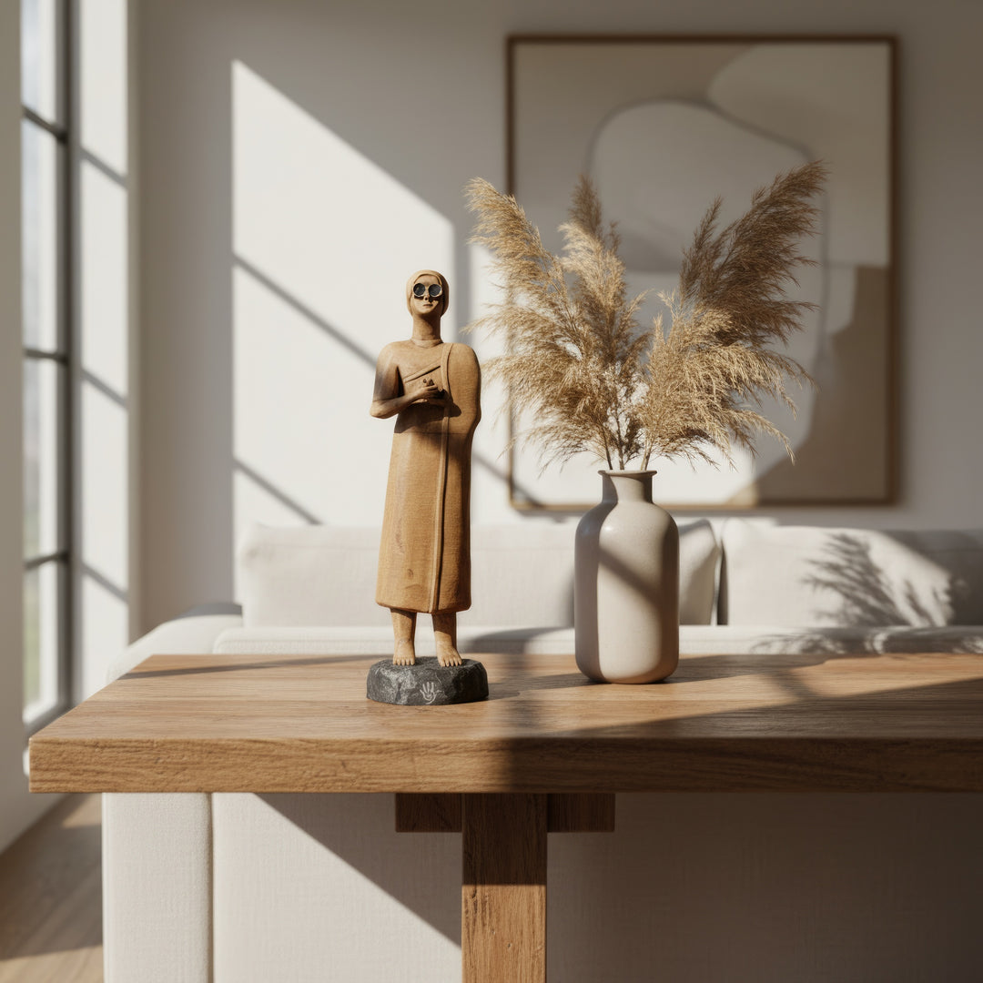 “Handmade Sumerian high priestess figurine from the Tell Asmar collection placed on a wooden boho-style table with candles, books, and plants — symbolizing sacred devotion and feminine spirituality in Mesopotamian art.”
TR:
“Tell Asmar koleksiyonuna ait el yapımı Sümer yüksek rahibe figürü, mumlar, kitaplar ve bitkilerle süslenmiş bohem tarzı bir masa üzerinde — Mezopotamya sanatında kutsal adanmışlığı ve dişil spiritüelliği simgeler.”