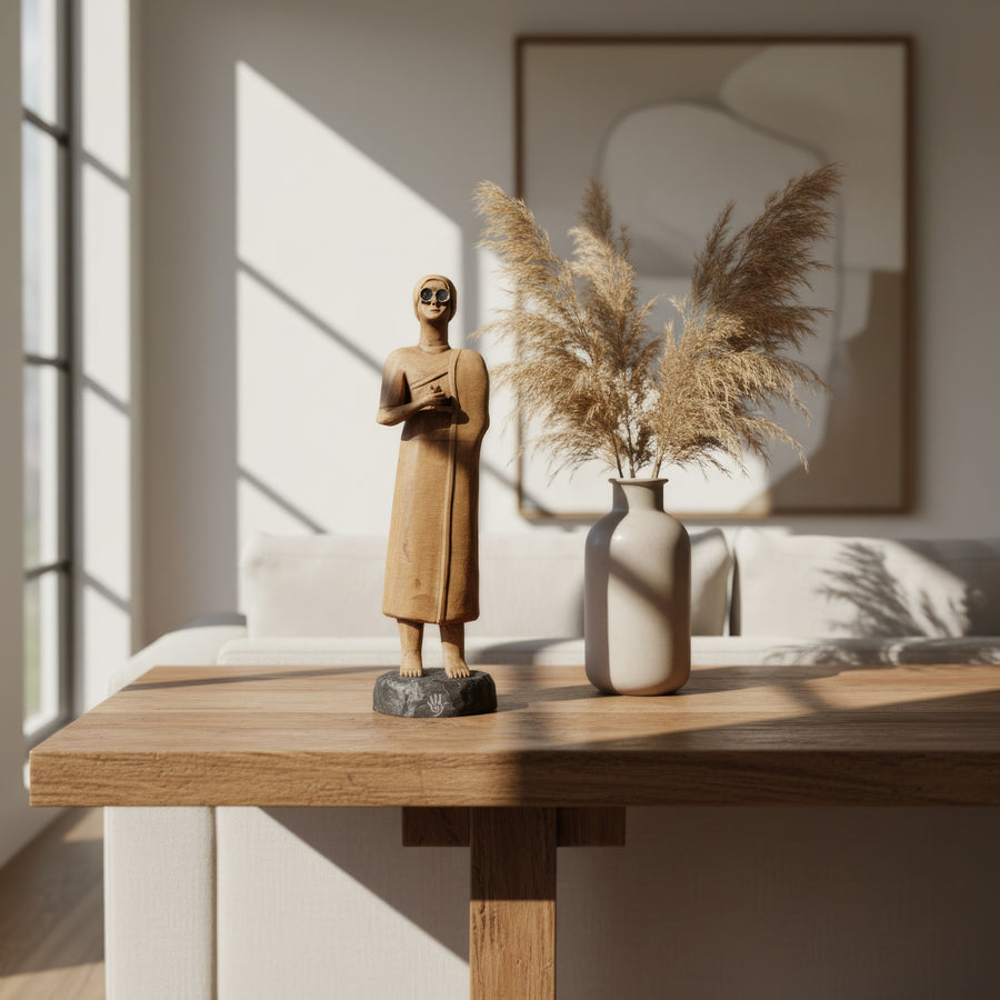 “Handmade Sumerian high priestess figurine from the Tell Asmar collection placed on a wooden boho-style table with candles, books, and plants — symbolizing sacred devotion and feminine spirituality in Mesopotamian art.”
TR:
“Tell Asmar koleksiyonuna ait el yapımı Sümer yüksek rahibe figürü, mumlar, kitaplar ve bitkilerle süslenmiş bohem tarzı bir masa üzerinde — Mezopotamya sanatında kutsal adanmışlığı ve dişil spiritüelliği simgeler.”