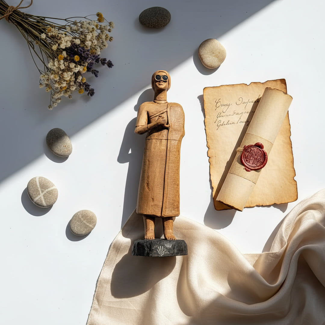 “Tell Asmar priestess figurine viewed from above, lying slightly tilted among ancient-style props — handmade Mesopotamian votive sculpture inspired by early temple art.”
TR:
“Antik tarz objeler arasında hafif yatık konumda, yukarıdan açıyla çekilmiş Tell Asmar rahibe figürü — erken dönem tapınak sanatından esinlenmiş el yapımı Mezopotamya votif heykeli.”