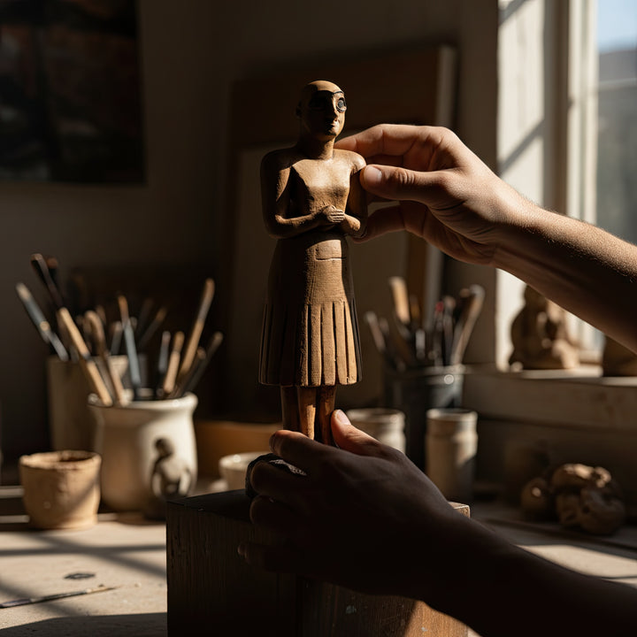 “A hand gently holding the bald Sumerian figurine to show scale and craftsmanship — handmade Tell Asmar votive statue symbolizing eternal worship and ancient Mesopotamian artistry.”
TR: “Boyutu göstermek için elde tutulan kel Sümer figürü — sonsuz ibadeti ve antik Mezopotamya sanatını simgeleyen el yapımı Tell Asmar votif heykeli.”