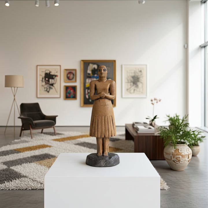 “The bald and beardless Sumerian statue displayed on a stone surface — handmade Mesopotamian votive art piece representing serenity, humility, and devotion.”
TR: “Taş bir yüzey üzerinde sergilenen kel ve sakalsız Sümer heykeli — huzuru, tevazuyu ve adanmışlığı temsil eden el yapımı Mezopotamya votif eseri.”