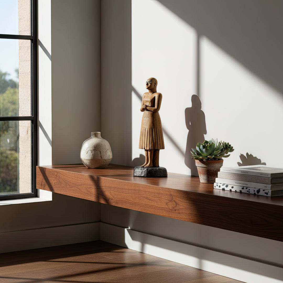 “Sumerian bald figurine photographed under morning sunlight by a window — blending soft shadows and warmth, a handcrafted Tell Asmar replica radiating calm spirituality.”
TR: “Pencere kenarında sabah ışığında fotoğraflanan kel Sümer figürü — yumuşak gölgeler ve sıcak tonlarla, huzurlu bir maneviyat yansıtan el yapımı Tell Asmar replikası.”