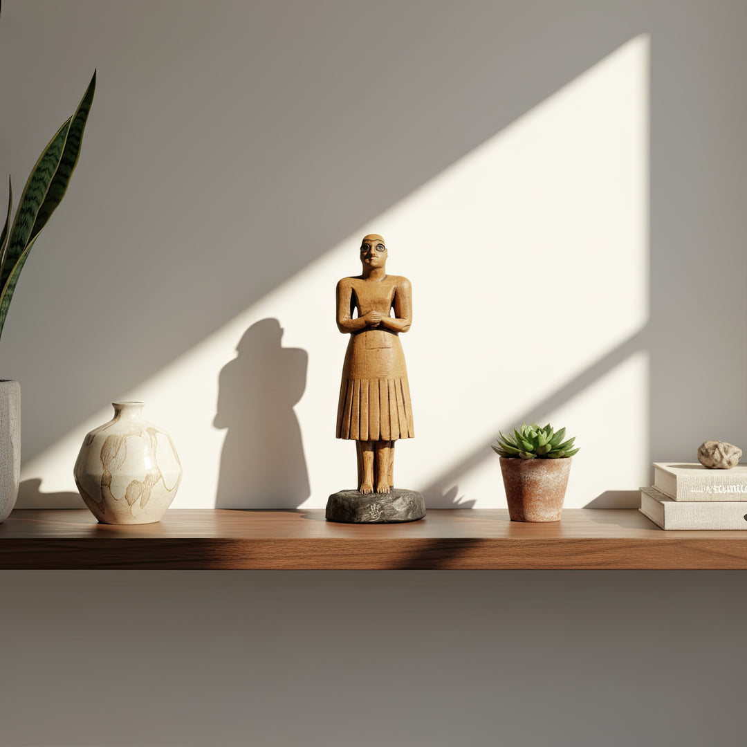 “Tell Asmar bald worshipper figurine displayed on a home shelf among art books and artifacts — handmade Sumerian replica evoking a museum-inspired interior.”
TR: “Sanat kitapları ve objeler arasında ev rafında sergilenen Tell Asmar kel tapınan figürü — müze esintili bir iç mekân atmosferi yaratan el yapımı Sümer replikası.”