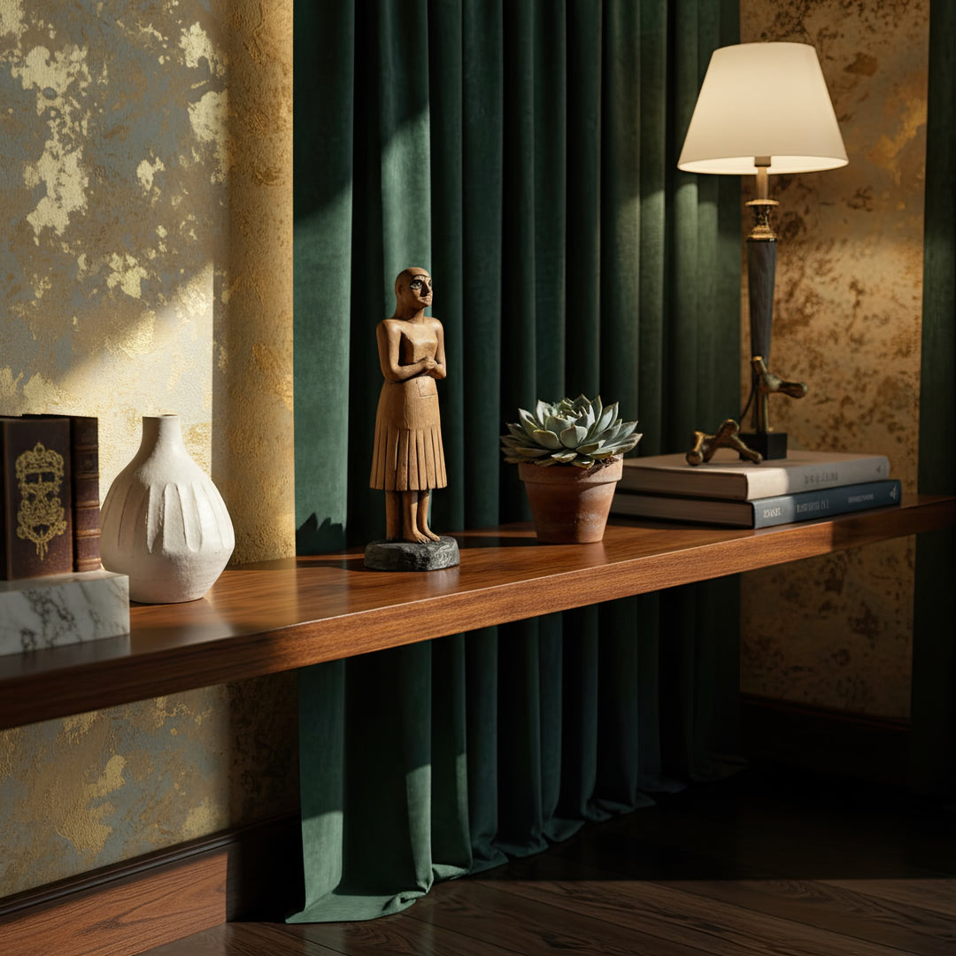 “Bald Sumerian figurine in a softly lit home interior during evening hours — handcrafted Tell Asmar sculpture radiating calm devotion and timeless presence under warm ambient light.”
TR: “Akşam saatlerinde loş ışıklı ev ortamında sergilenen kel Sümer figürü — sıcak ortam ışığı altında huzurlu bir adanmışlık ve zamansız bir varlık yayan el yapımı Tell Asmar heykeli.”