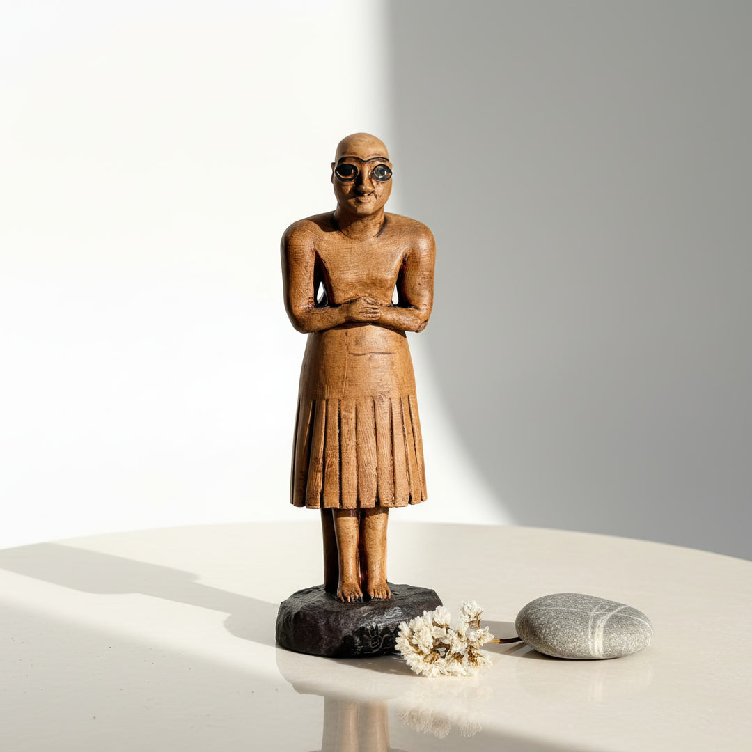 “Front view of the iconic bald and beardless Sumerian worshipper figurine from the Tell Asmar collection — handmade Mesopotamian votive sculpture representing humility and devotion. Museum-quality replica crafted by ArkeoArt.”
TR: “Tell Asmar koleksiyonunun ikonik kel ve sakalsız Sümer tapınan figürünün önden görünümü — alçakgönüllülüğü ve adanmışlığı simgeleyen el yapımı Mezopotamya votif heykeli. ArkeoArt tarafından müze kalitesinde üretilmiştir.”