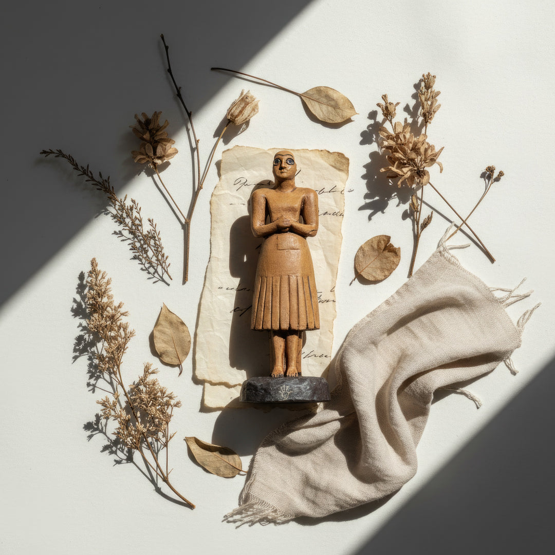 “Three-image collage featuring the bald Sumerian figurine from multiple angles, placed on a beige fabric surface beside boho decor objects — handmade Mesopotamian replica photographed from a top-down artistic perspective.”
TR: “Bej kumaş zemin üzerinde bohem objelerle birlikte farklı açılardan çekilmiş kel Sümer figürünün üçlü kolajı — yukarıdan sanatsal açıyla fotoğraflanmış el yapımı Mezopotamya replikası.”