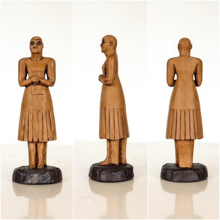 Three-image collage showing the iconic bald and beardless Sumerian worshipper figurine from the Tell Asmar collection — photographed from front, side, and back angles on a beige fabric surface with archaeological props. The handcrafted Mesopotamian statue reflects timeless devotion, spiritual serenity, and museum-quality craftsmanship by ArkeoArt.”

TR:
“Tell Asmar koleksiyonuna ait ikonik kel ve sakalsız Sümer tapınan figürünün önden, yandan ve arkadan açılarla çekilmiş üçlü kolaj görüntüsü — bej kumaş zem