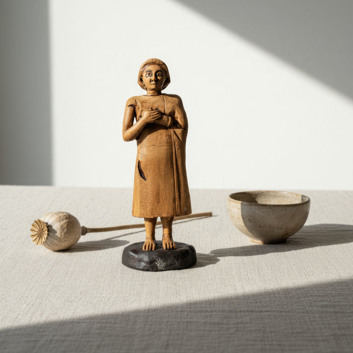 “Chubby Sumerian priestess figurine displayed on a wooden shelf beside a book and small vase — handmade Mesopotamian art piece blending ancient spirituality with modern interior decor.”
TR:
“Bir kitap ve küçük vazo yanında ahşap rafta sergilenen tombul Sümer rahibe figürü — antik maneviyatı modern iç dekorla birleştiren el yapımı Mezopotamya sanat eseri.”