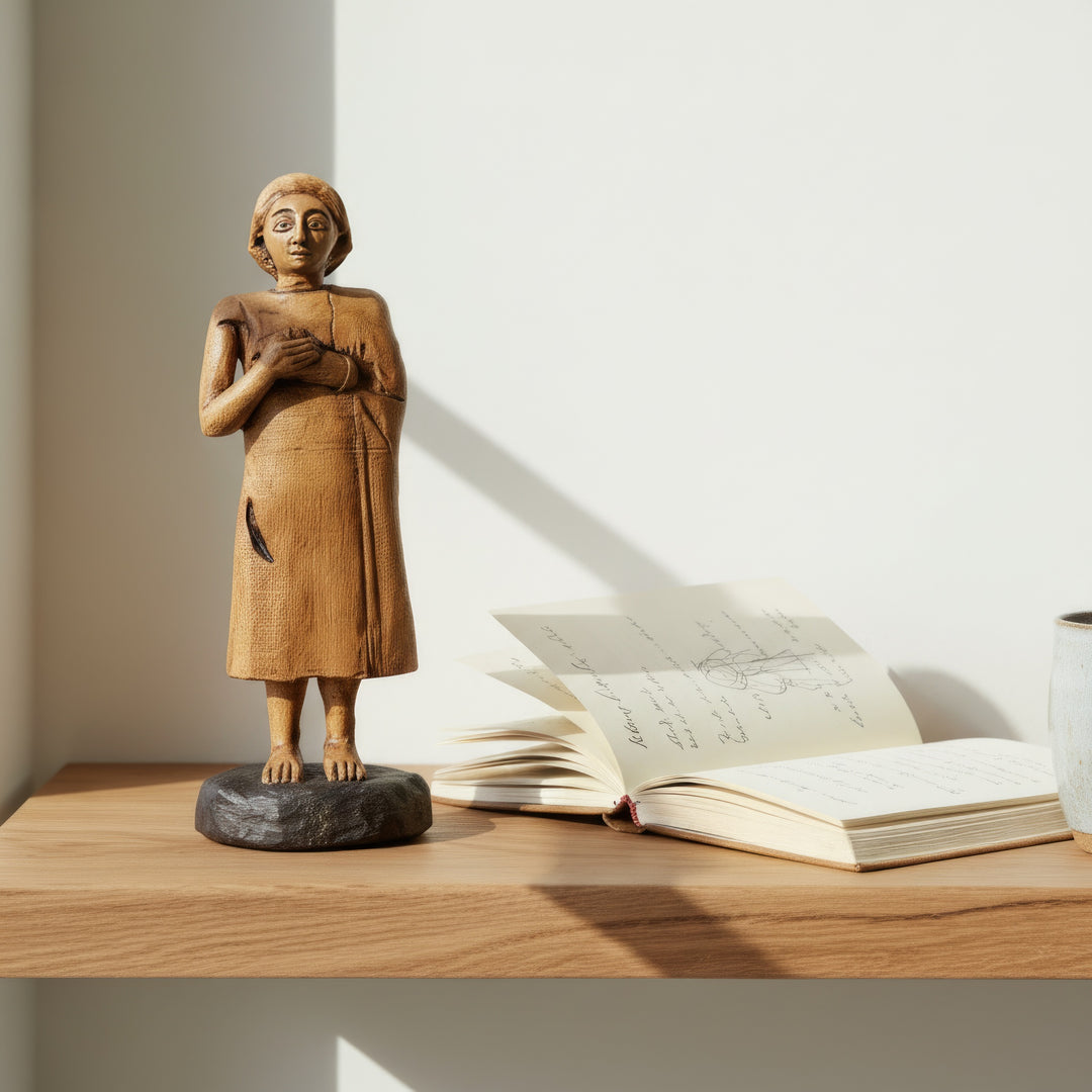 “Handmade Sumerian priestess figurine from the Tell Asmar collection displayed on a wooden shelf beside a closed book — symbolizing ancient devotion and sacred femininity in Mesopotamian art. This museum-quality replica by ArkeoArt blends archaeological heritage with contemporary home decor, ideal for collectors and spiritual interiors.”

TR:
“Tell Asmar koleksiyonuna ait el yapımı Sümer rahibe figürü, kapalı bir kitabın yanında ahşap bir raf üzerinde sergileniyor — Mezopotamya sanatındaki antik adanmışlığı