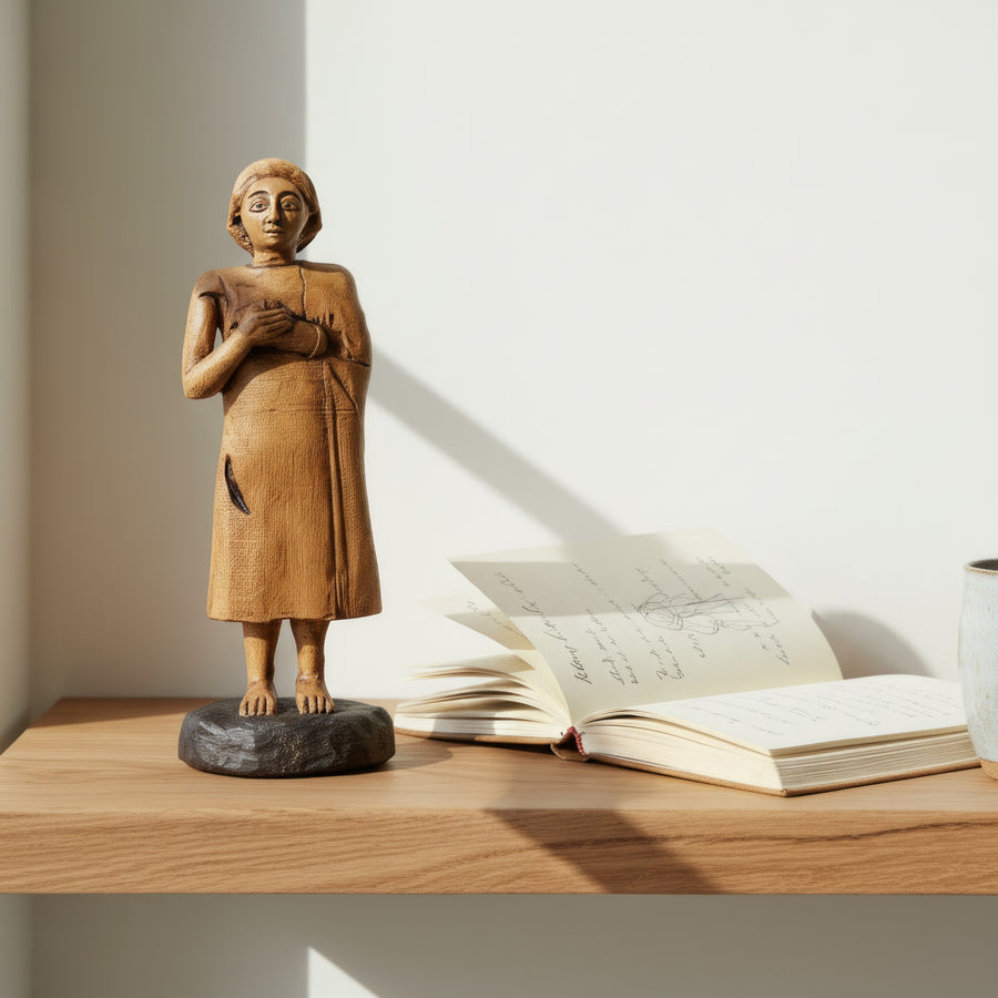 “Handmade Sumerian priestess figurine from the Tell Asmar collection displayed on a wooden shelf beside a closed book — symbolizing ancient devotion and sacred femininity in Mesopotamian art. This museum-quality replica by ArkeoArt blends archaeological heritage with contemporary home decor, ideal for collectors and spiritual interiors.”

TR:
“Tell Asmar koleksiyonuna ait el yapımı Sümer rahibe figürü, kapalı bir kitabın yanında ahşap bir raf üzerinde sergileniyor — Mezopotamya sanatındaki antik adanmışlığı