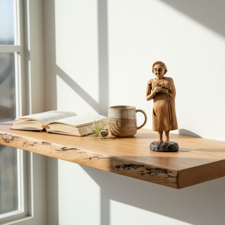 “Chubby Sumerian priestess figurine displayed on a wooden shelf beside a book and small vase — handmade Mesopotamian art piece blending ancient spirituality with modern interior decor.”
TR:
“Bir kitap ve küçük vazo yanında ahşap rafta sergilenen tombul Sümer rahibe figürü — antik maneviyatı modern iç dekorla birleştiren el yapımı Mezopotamya sanat eseri.”