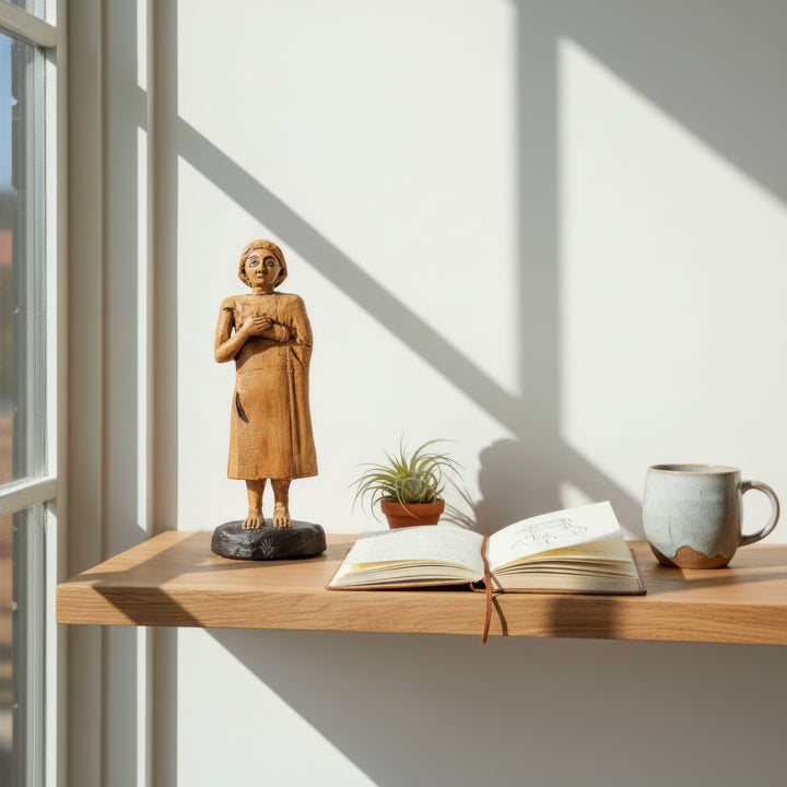 “Chubby Sumerian priestess figurine displayed on a wooden shelf beside a book and small vase — handmade Mesopotamian art piece blending ancient spirituality with modern interior decor.”
TR:
“Bir kitap ve küçük vazo yanında ahşap rafta sergilenen tombul Sümer rahibe figürü — antik maneviyatı modern iç dekorla birleştiren el yapımı Mezopotamya sanat eseri.”