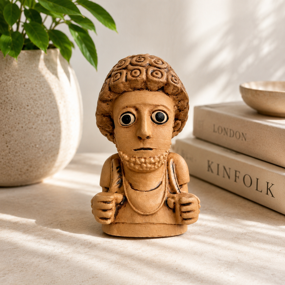 Terracotta renk Suppiluliuma Hitit heykelinin boho ve dark academia tarzı yaşam alanında sergilendiği lifestyle görünüm. Antik Anadolu sanatından ilham alan museum-style arkeolojik dekor objesi. Kütüphane, çalışma odası ve koleksiyon rafı dekorasyonu için tasarlanmış el yapımı idol heykeli by ArkeoArt
