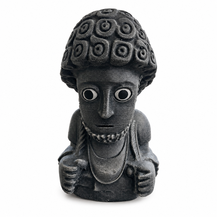Black Stone Finish Suppiluliuma Hitit idol heykelinin beyaz arka planda ön görünümü. Hitit uygarlığı ve antik Anadolu estetiğinden ilham alan museum-quality arkeolojik replika. Dark academia dekorasyonu, tarih temalı iç mekanlar ve koleksiyonluk antik sanat objesi konsepti için tasarlanmıştır by ArkeoArt