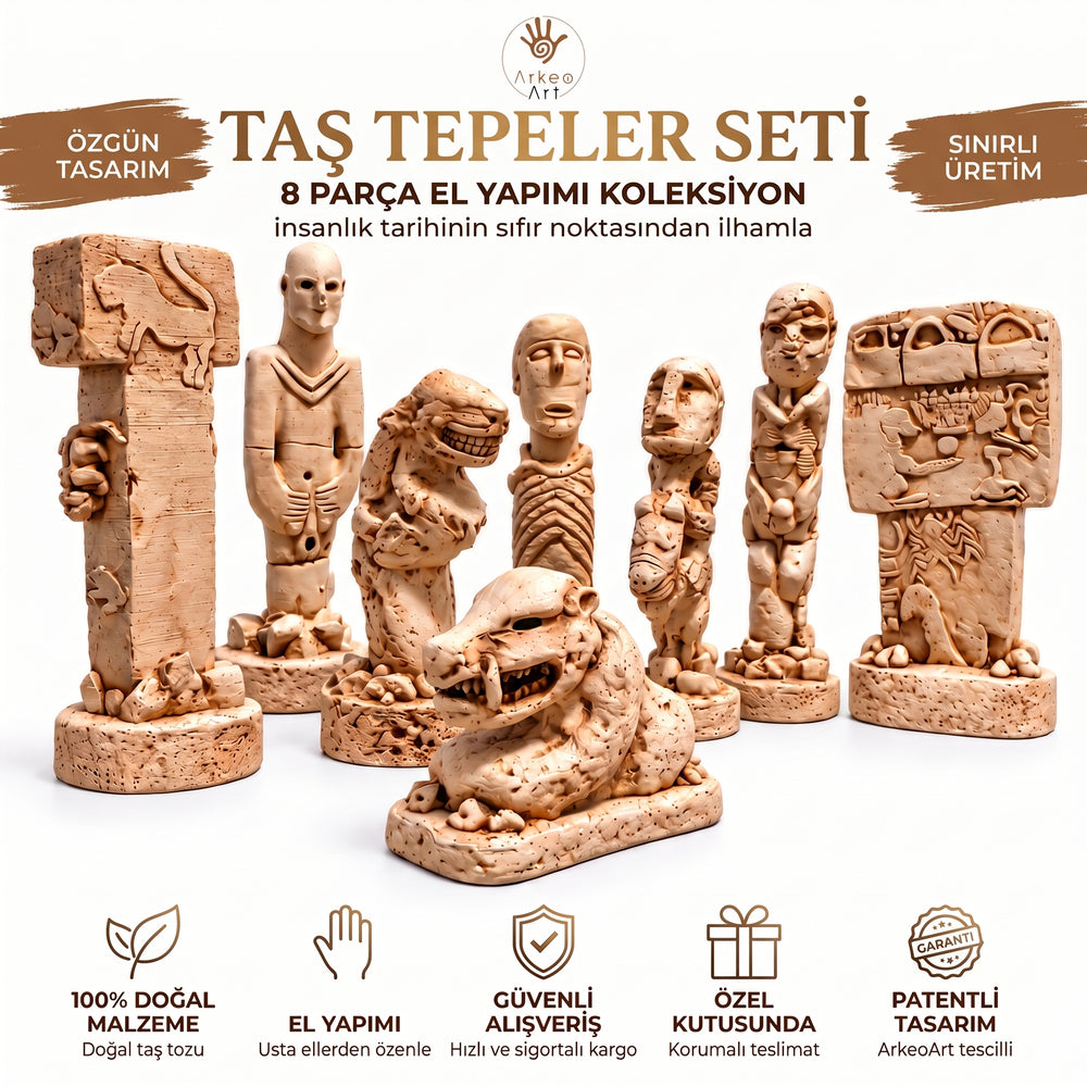 Taş Tepeler koleksiyonunu tanıtan bilgilendirici infografik; sekiz farklı Neolitik heykelin tasarımını, arkeolojik esin kaynaklarını ve koleksiyon bütünlüğünü vurguluyor. Göbeklitepe, Karahantepe ve Sayburç buluntularından esinlenen replikalar, reçine ve mermer tozu kompozit malzemeyle üretilip doğal taş efektiyle elle boyanmıştır. ArkeoArt