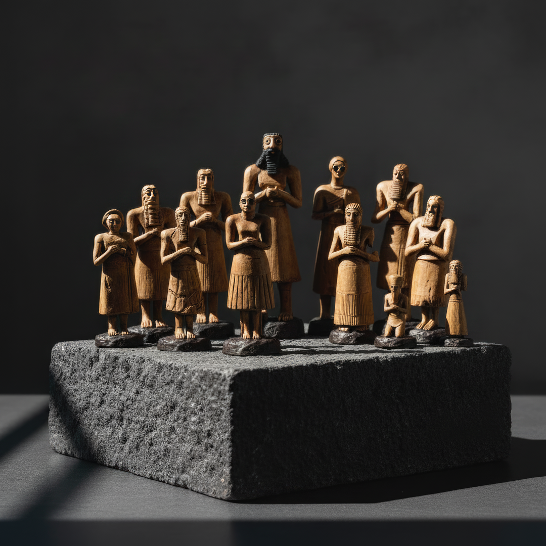 “The complete 12-piece Tell Asmar votive figurine collection displayed on a black marble stand under moody lighting — handcrafted Sumerian worshipper replicas in dark, elegant tones. A museum-quality archaeological ensemble symbolizing ancient Mesopotamian devotion, harmony, and timeless artistry.”

TR:
“Siyah mermer bir stand üzerinde, loş aydınlatma altında sergilenen 12 parçalık Tell Asmar votif figür koleksiyonu — koyu ve zarif tonlarda el yapımı Sümer tapınan figür replikaları. Antik Mezopotamya adanmı