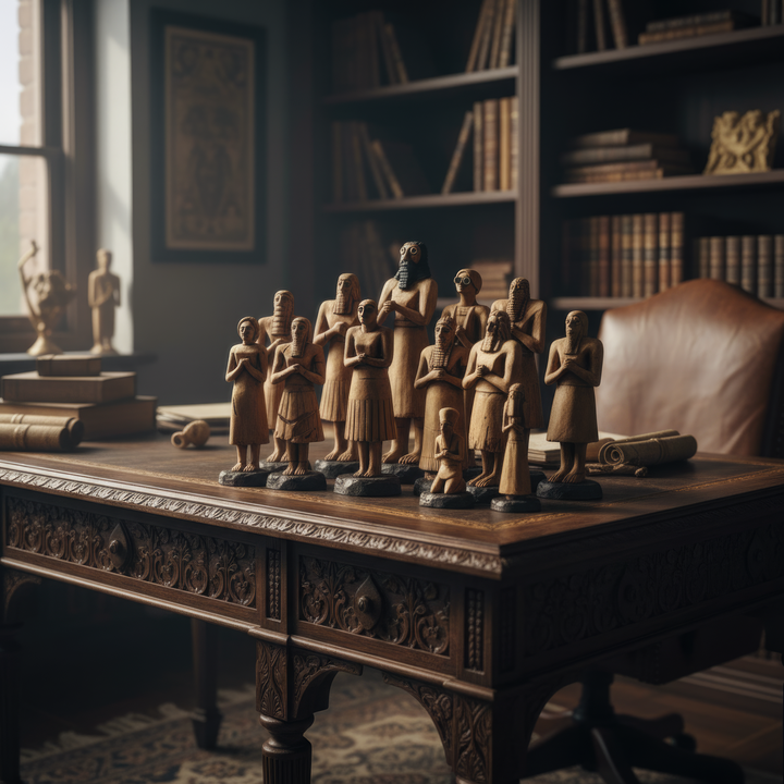 “Twelve handmade Tell Asmar figurines arranged together on a wooden table in a dimly lit interior, evoking the sacred atmosphere of an ancient temple. Handcrafted Sumerian votive sculpture replicas by ArkeoArt, blending spirituality and archaeological authenticity.”

TR:
“Loş ışıklı bir iç mekânda, ahşap masa üzerinde birlikte düzenlenmiş on iki el yapımı Tell Asmar figürü — antik bir tapınağın kutsal atmosferini çağrıştırır. Ruhsallığı ve arkeolojik özgünlüğü birleştiren ArkeoArt imzalı Sümer votif heykel 