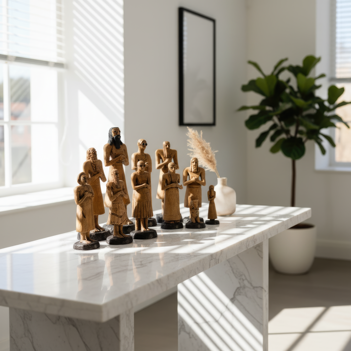 “Complete 12-piece Sumerian votive figurine set placed on a white marble countertop illuminated by soft morning light. Handcrafted Tell Asmar temple replicas glowing with serenity and grace — museum-grade Mesopotamian art designed for collectors and sacred decor lovers.”

TR:
“Yumuşak sabah ışığıyla aydınlanan beyaz mermer tezgah üzerinde yer alan 12 parçalık Sümer votif figür seti. Huzur ve zarafetle parlayan el yapımı Tell Asmar tapınak replikaları — koleksiyonerler ve kutsal dekor severler için müze kali