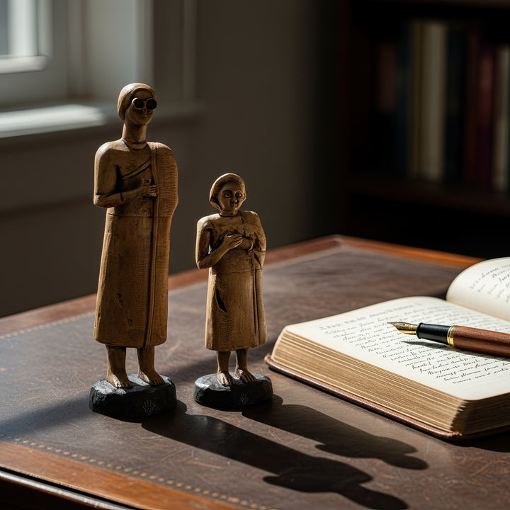 “Two handmade Sumerian female figurines from the Tell Asmar collection placed beside an antique book under warm, dim light — representing divine femininity, spiritual devotion, and ancient wisdom. A handcrafted Mesopotamian art replica by ArkeoArt that unites archaeology, tranquility, and timeless elegance.”

TR:
“Sıcak ve loş bir ışık altında, antik bir kitabın yanında sergilenen Tell Asmar koleksiyonuna ait iki el yapımı Sümer kadın figürü — ilahi dişiliği, ruhsal adanmışlığı ve antik bilgeliği simgeler. 