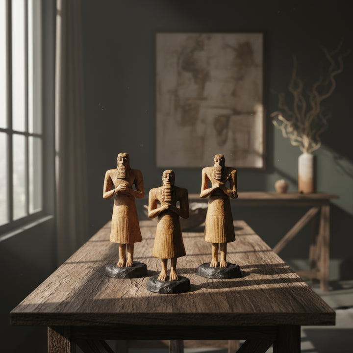 “Sumerian male worshipper trio photographed against a black backdrop with warm highlights — hand-sculpted Mesopotamian figures symbolizing eternal prayer and divine power.”
TR:
“Siyah fon önünde sıcak ışık efektleriyle fotoğraflanan Sümer erkek tapınan üçlüsü — sonsuz dua ve ilahi gücü simgeleyen el yapımı Mezopotamya figürleri.”