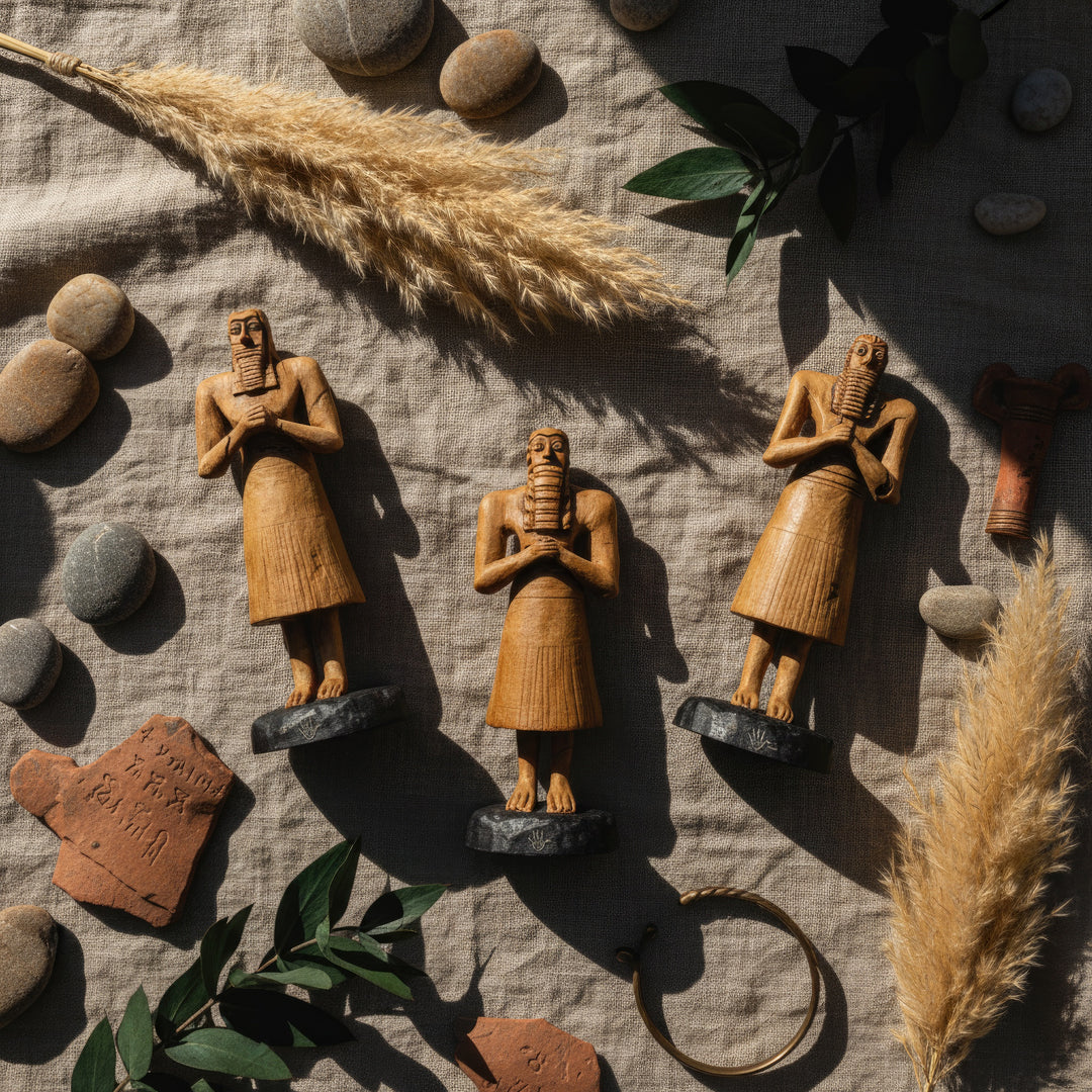 “Three Tell Asmar male votive figures placed on beige linen cloth, photographed from above — handmade Mesopotamian replicas highlighting sacred simplicity and ancient artistry.”
TR:
“Bej keten kumaş yüzey üzerine yerleştirilmiş üç Tell Asmar erkek votif figürü, yukarıdan açıyla çekilmiş — kutsal sadeliği ve antik el işçiliğini vurgulayan el yapımı Mezopotamya replikaları.”
