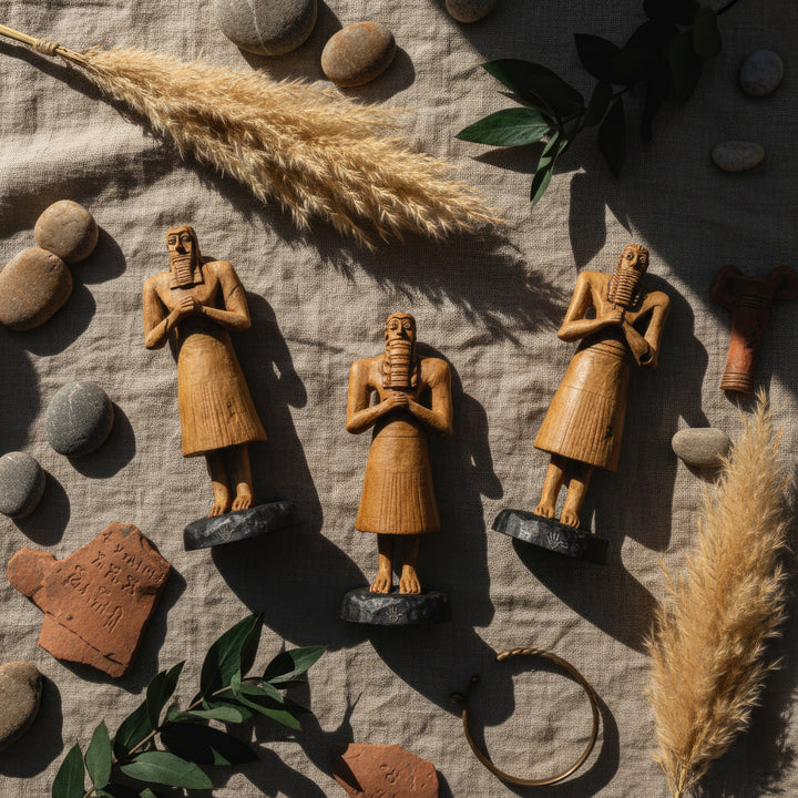 “Three Tell Asmar male votive figures placed on beige linen cloth, photographed from above — handmade Mesopotamian replicas highlighting sacred simplicity and ancient artistry.”
TR:
“Bej keten kumaş yüzey üzerine yerleştirilmiş üç Tell Asmar erkek votif figürü, yukarıdan açıyla çekilmiş — kutsal sadeliği ve antik el işçiliğini vurgulayan el yapımı Mezopotamya replikaları.”