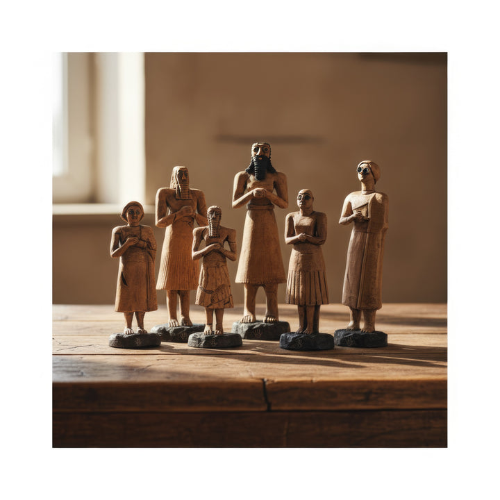 “Six Sumerian Tell Asmar statues placed on a textured stone surface — handmade Mesopotamian art replicas capturing the presence and devotion of ancient temple worshippers.”
TR: “Dokulu taş bir zemin üzerinde konumlandırılmış altı Sümer Tell Asmar heykeli — antik tapınak adanmışlığını ve varlığını yansıtan el yapımı Mezopotamya sanat replikaları.”