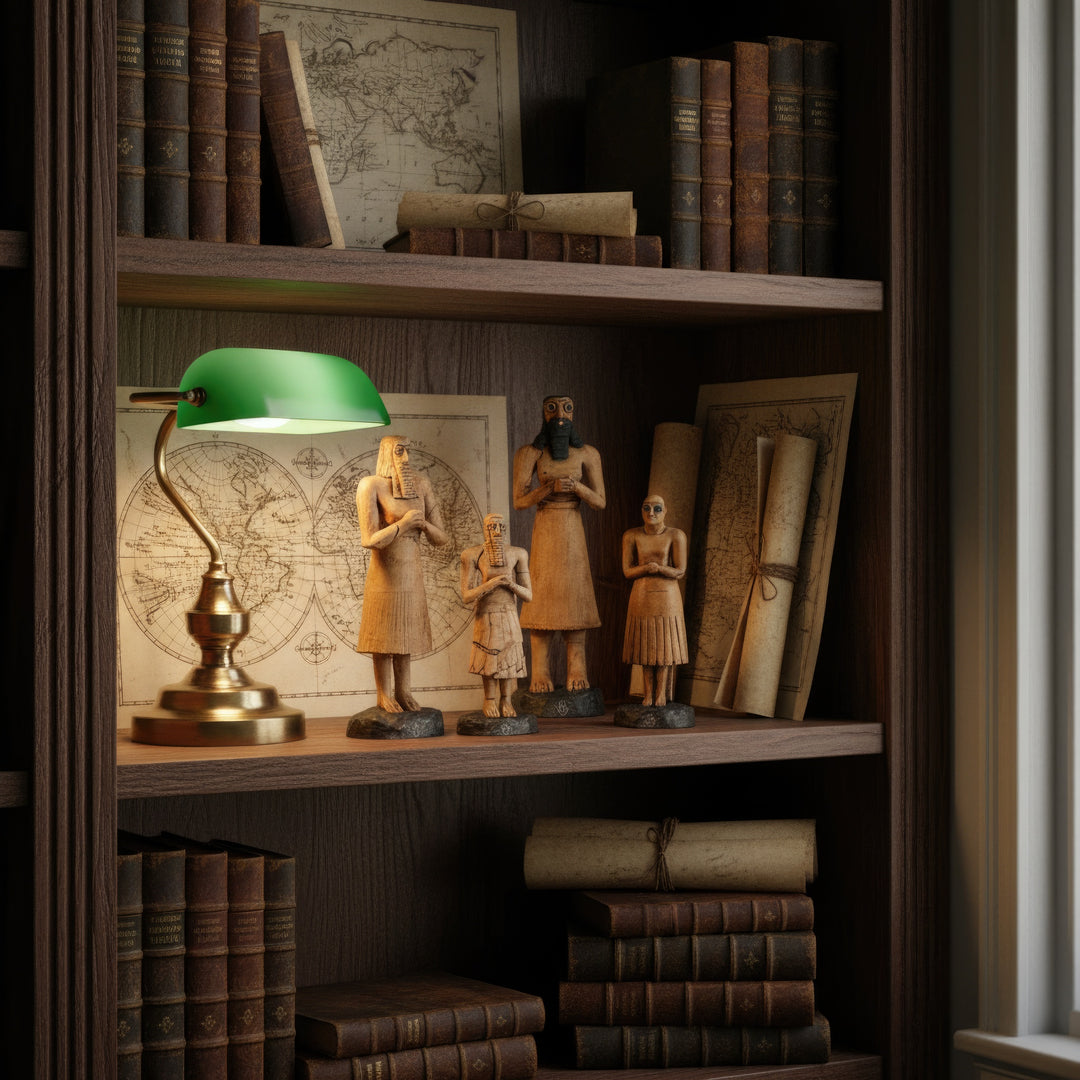 “Tell Asmar figurine collection displayed on a home bookshelf beside books and cultural decor — merging archaeology and interior design in a refined, spiritual atmosphere.”
TR: “Ev kitaplığı rafında, kitaplar ve kültürel objelerle birlikte sergilenen Tell Asmar figür koleksiyonu — arkeolojiyi ve iç mekân tasarımını zarif, spiritüel bir atmosferde birleştirir.”