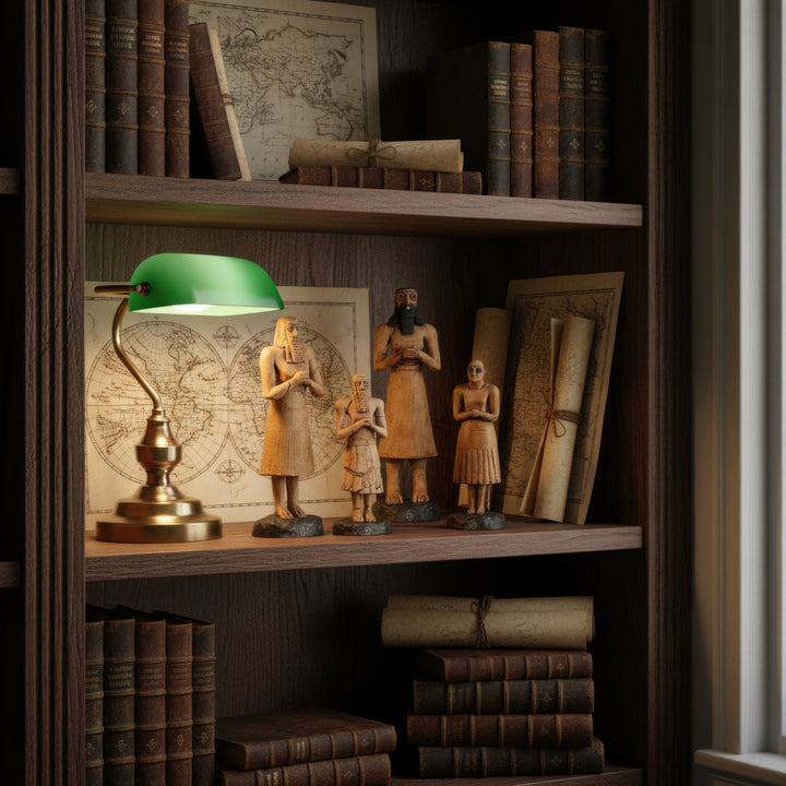 “Tell Asmar figurine collection displayed on a home bookshelf beside books and cultural decor — merging archaeology and interior design in a refined, spiritual atmosphere.”
TR: “Ev kitaplığı rafında, kitaplar ve kültürel objelerle birlikte sergilenen Tell Asmar figür koleksiyonu — arkeolojiyi ve iç mekân tasarımını zarif, spiritüel bir atmosferde birleştirir.”