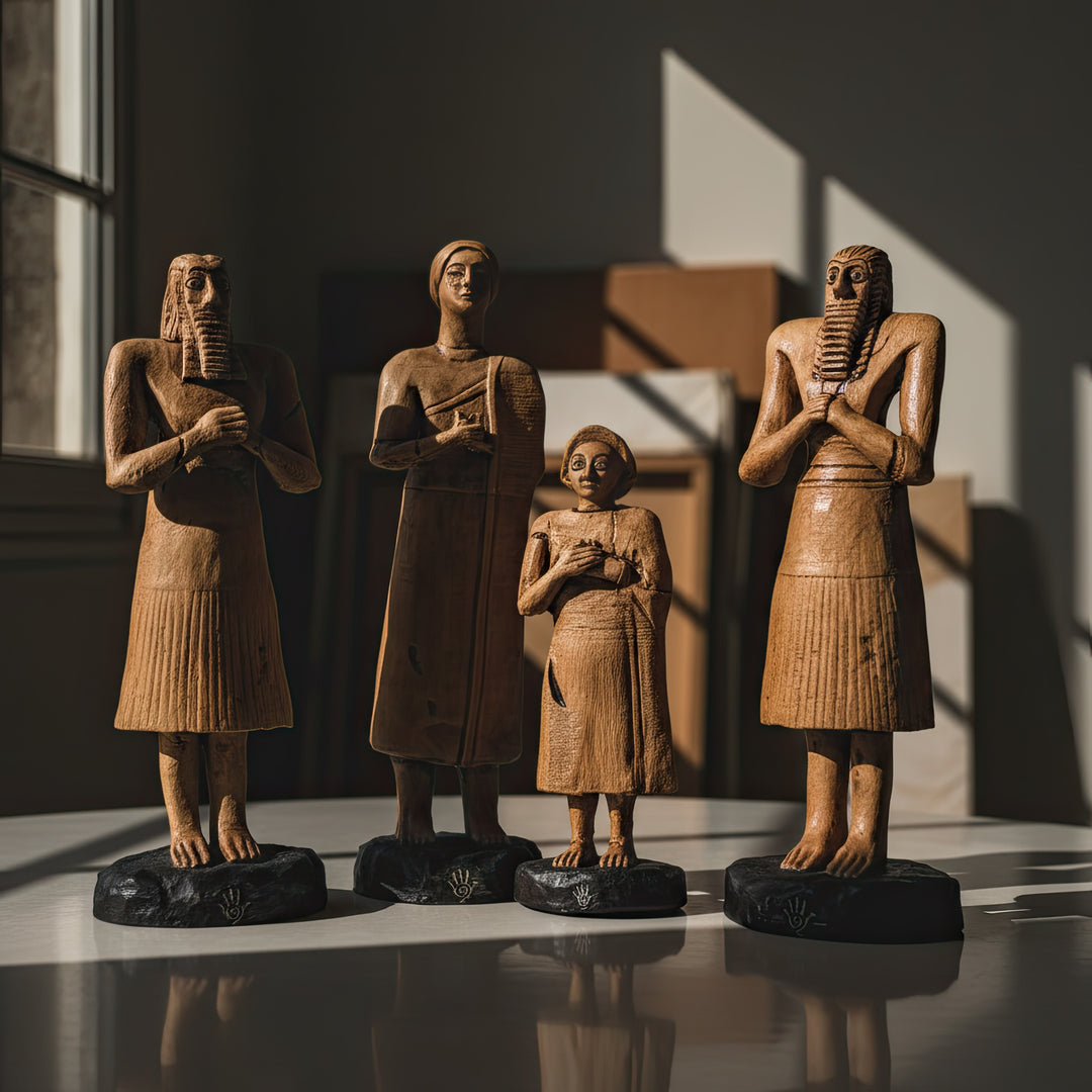 “The complete 4-piece Tell Asmar Sumerian figurine set displayed on a console table in a cozy evening living room — handmade Mesopotamian sculptures radiating calmness, devotion, and ancient beauty.”
TR:
“Rahat bir akşam oturma odasında, konsol masa üzerinde sergilenen dört parçalı Tell Asmar Sümer figür seti — huzuru, adanmışlığı ve antik güzelliği yayan el yapımı Mezopotamya heykelleri.”