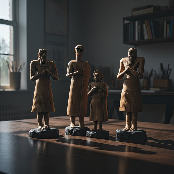 “Four Sumerian worshipper statues from the Tell Asmar collection photographed in a dim, atmospheric setting — handmade Mesopotamian replicas reflecting timeless mysticism and divine reverence.”
TR:
“Loş ve atmosferik bir ortamda fotoğraflanan Tell Asmar koleksiyonuna ait dört Sümer tapınan figürü — zamansız mistisizmi ve ilahi saygıyı yansıtan el yapımı Mezopotamya replikaları.”